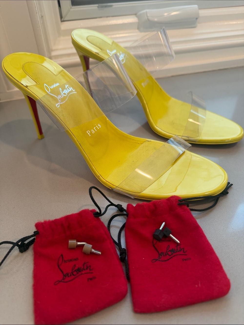 Christian Louboutin Just Nothing 85 Yellow Patent Clear-Strap Stiletto Mules